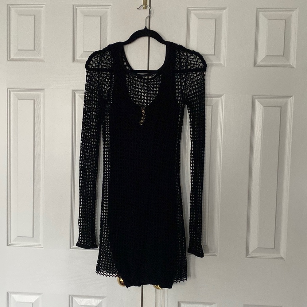 Y2K long sleeve black mesh layer dress, size small